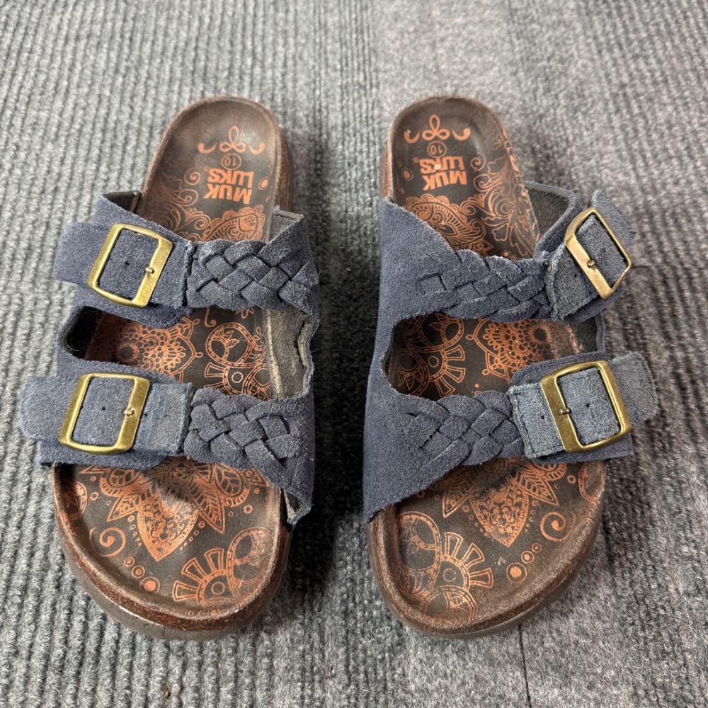 Muk Luks Womens Navy Blue Suede Braided Double Buckle Slide Sandals Size 10